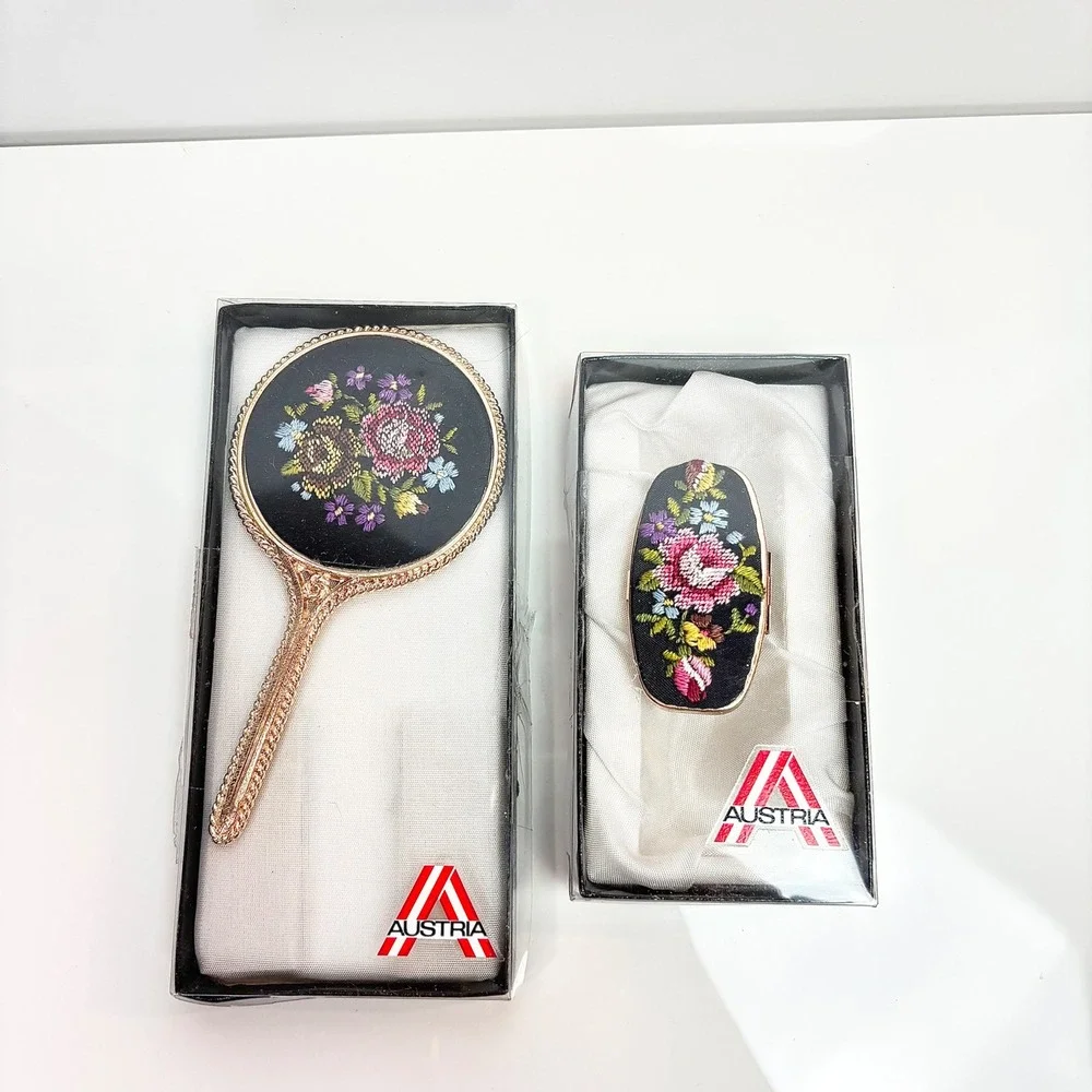 Vintage Austria Petit Point Floral Hand Mirror and Lipstick Case Vanity Set Gold